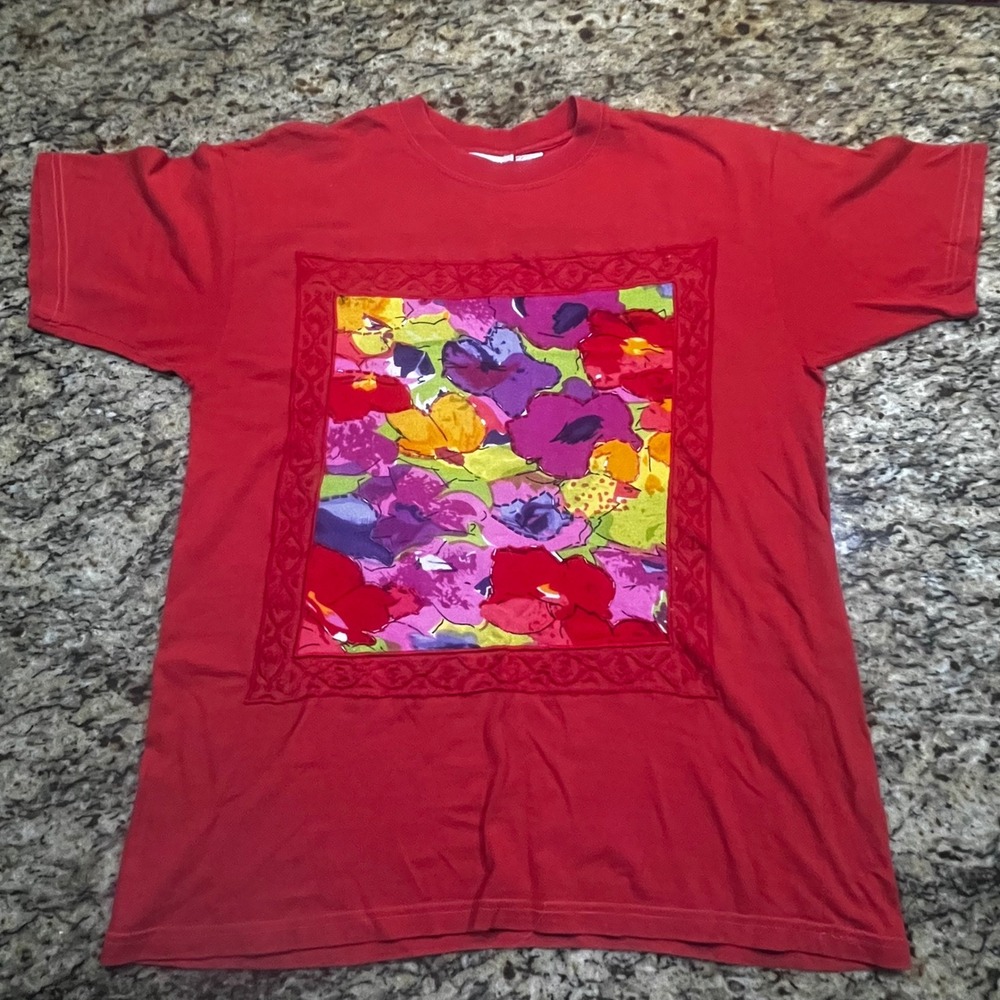Lauren Brooke Vintage Red Floral Beaded T-Shirt Womens Medium 100% Cotton India